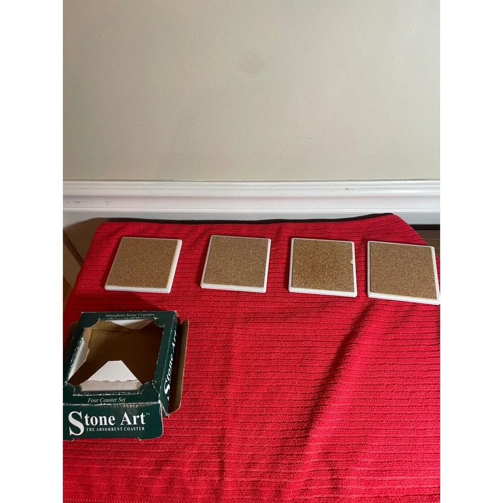 Stone Art Absorbent Stone Coaster Set of 4 Teddy Bear Garden Scene Cork Backing